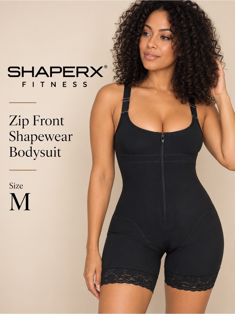 SHAPERX Fitness Black Zip Front Tummy Control Butt Lifter Faja Bodysuit M